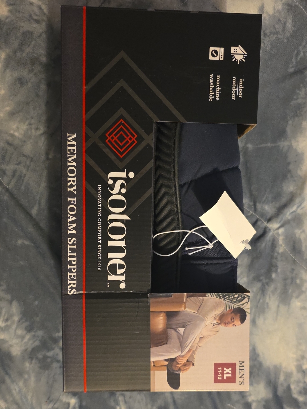 isotoner Men’s Memory Foam Slippers in Navy Blue